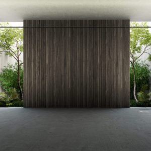 Empty old wood plank wall 3d render,There are concrete floor,Behide the backdrop is a tropical garden,sunlight shine into the room.